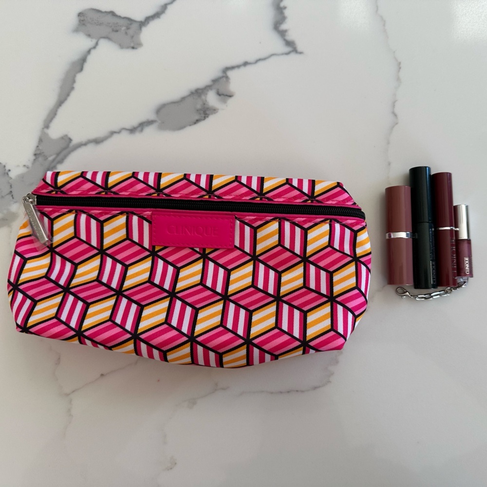Clinique Pink Pattern Cosmetic Bag with Mascara and Lip Colors